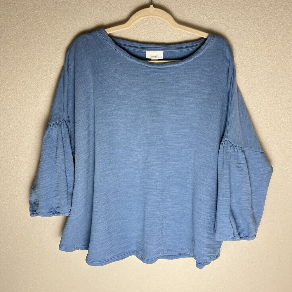 PureJill by J.Jill Blue Cotton French Terry 3/4 Top Dolman Balloon Sleeves Sz XL